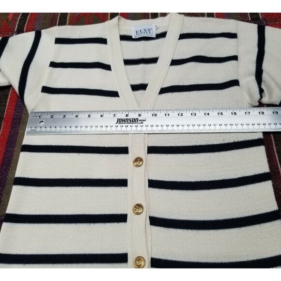 Russ Petites Women's Medium Striped Navy White Button Cardigan Sweater Casual - Picture 6 of 7